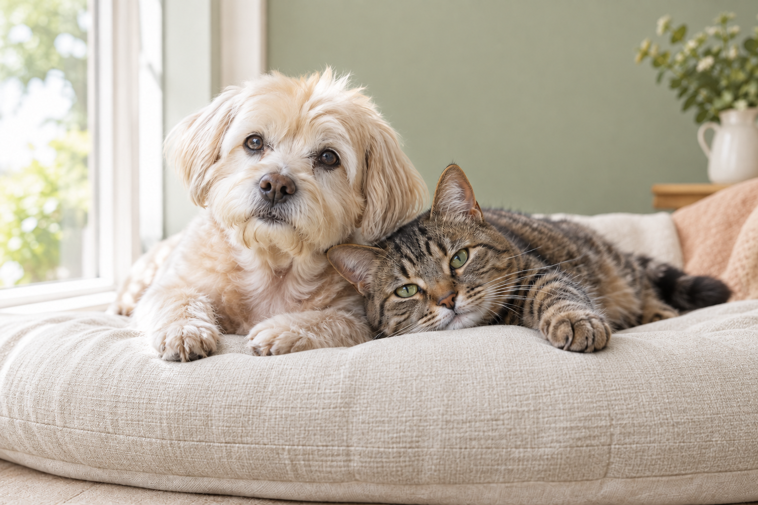 窓辺でくつろぐ犬と猫